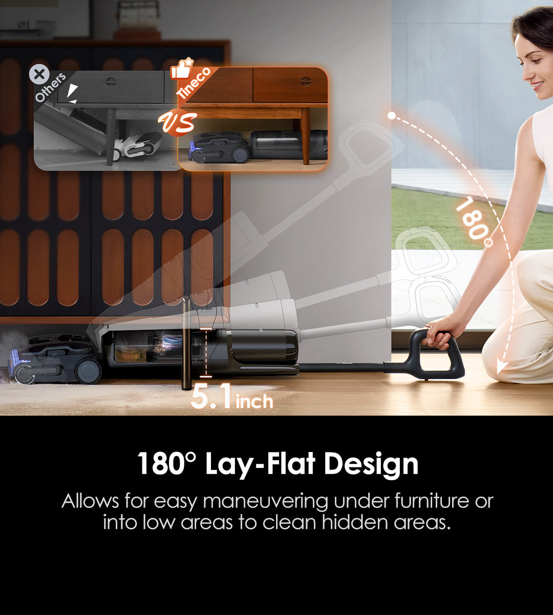 180° Lay-Flat Design
Allows for easy maneuvering under furniture or into low areas to clean hidden areas.