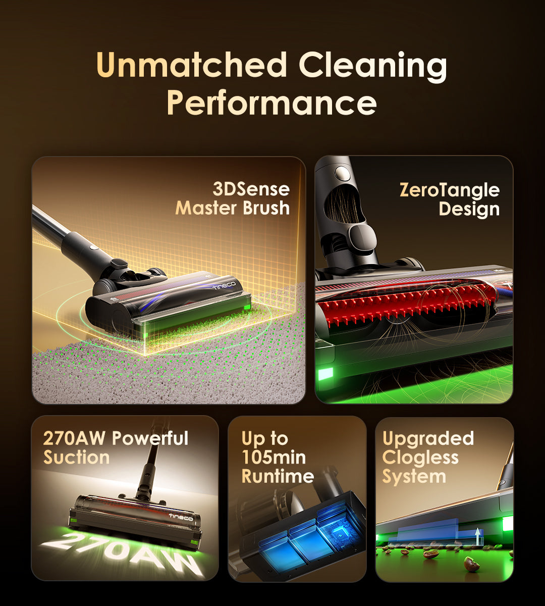 Unmatched Cleaning Performance
3DSense Master Brush
ZeroTangle Brush Design
Up to 105min Runtime
270AW Powerful Suction
Upgraded Clogless System