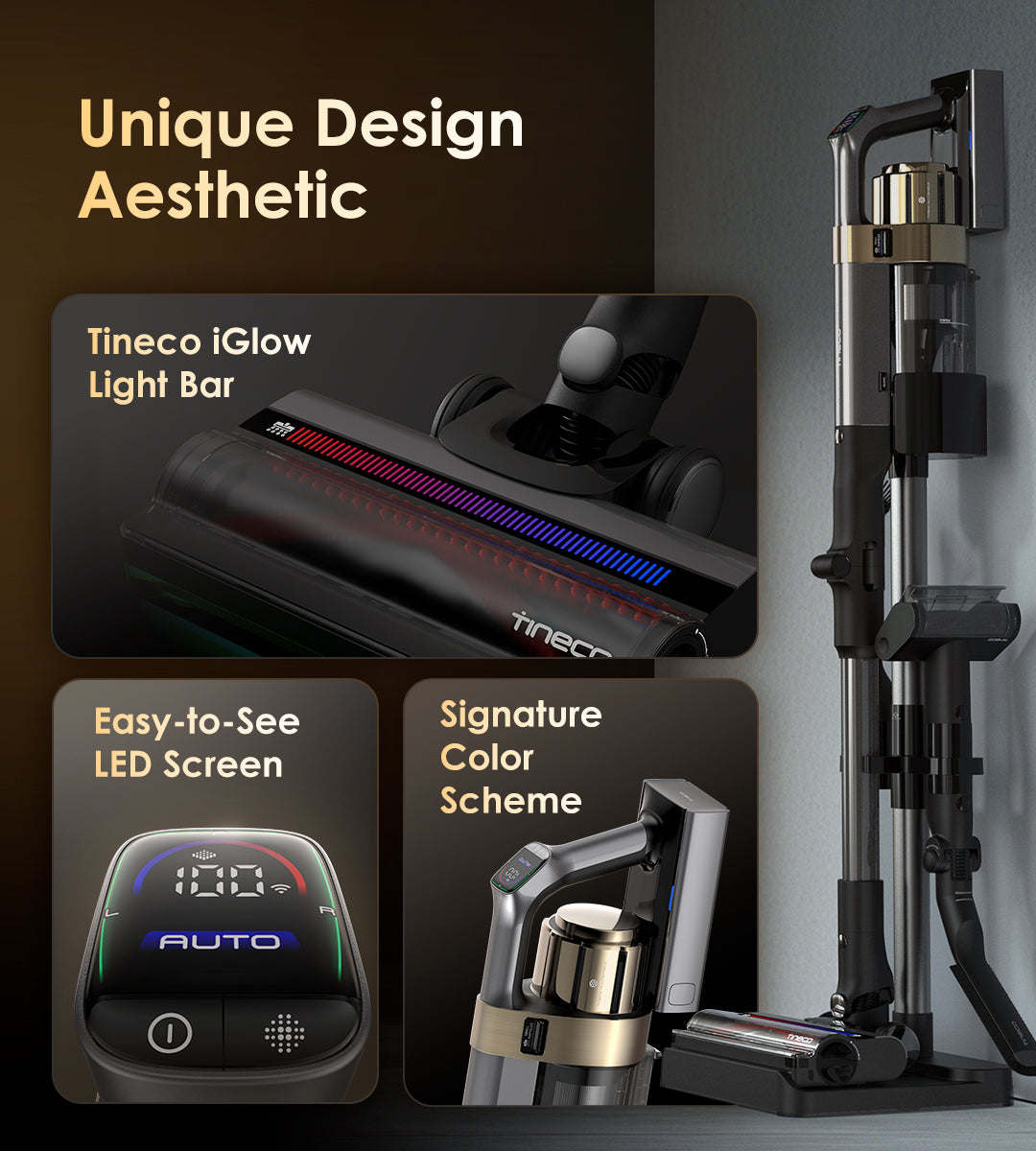 Unique Design Aesthetic
Easy-to-See LED Screen
Tineco iGlow Light Bar
Signature Color Scheme