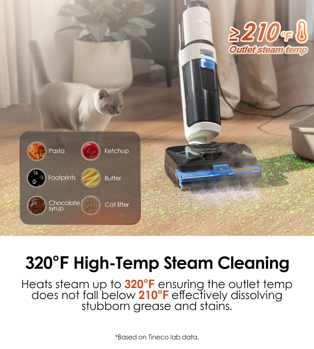 320℉ High-Temp Steam Cleaning
Heats steam up to 320℉,  ensuring the outlet temp does not fall below 210℉, effectively dissolving stubborn grease and stains.