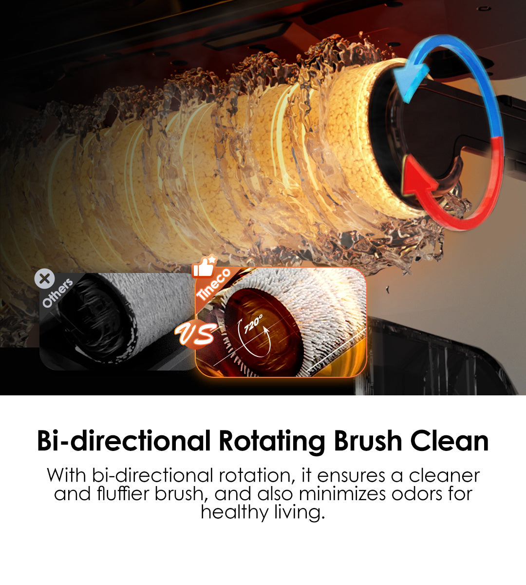 Bi-directional Rotating Brush Clean
With bi-directional rotation, it ensures a cleaner and fluffier brush, and also minimizes odors for healthy living.