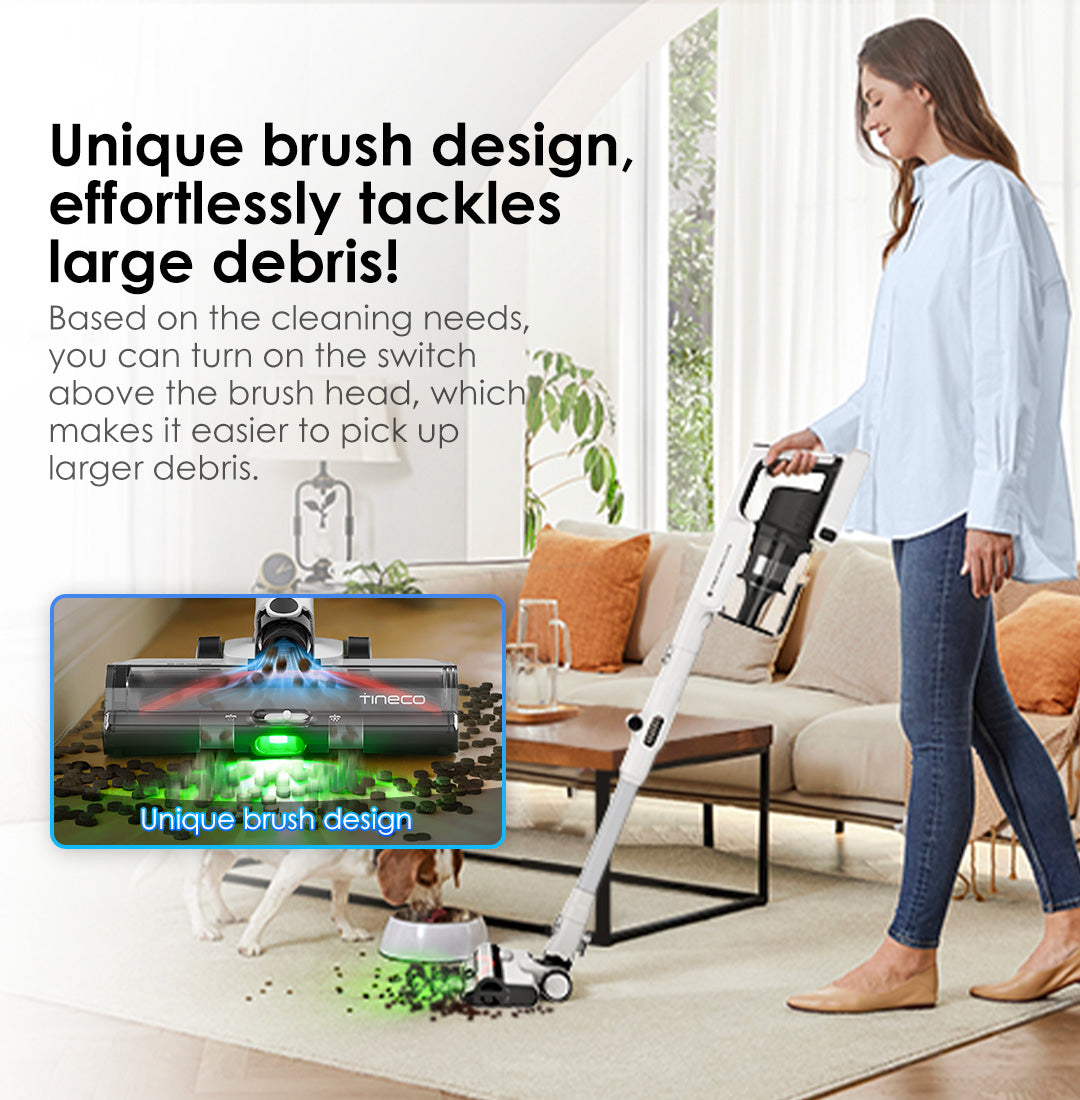 Unique brush design, effortlessly tackles large debris!
Based on the cleaning needs, you can turn on the switch above the brush head, which makes it easier to pick up larger debris even in tight spaces.