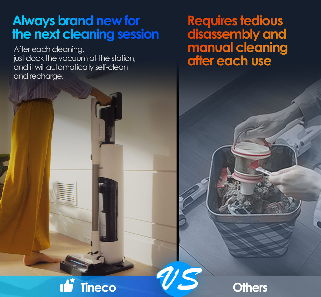 Tineco always brand new for the next cleaning session.
This cordless vacuum cleaner with self-cleaning, After each cleaning, just dock the vacuum at the station, and it will automatically self-clean and recharge.