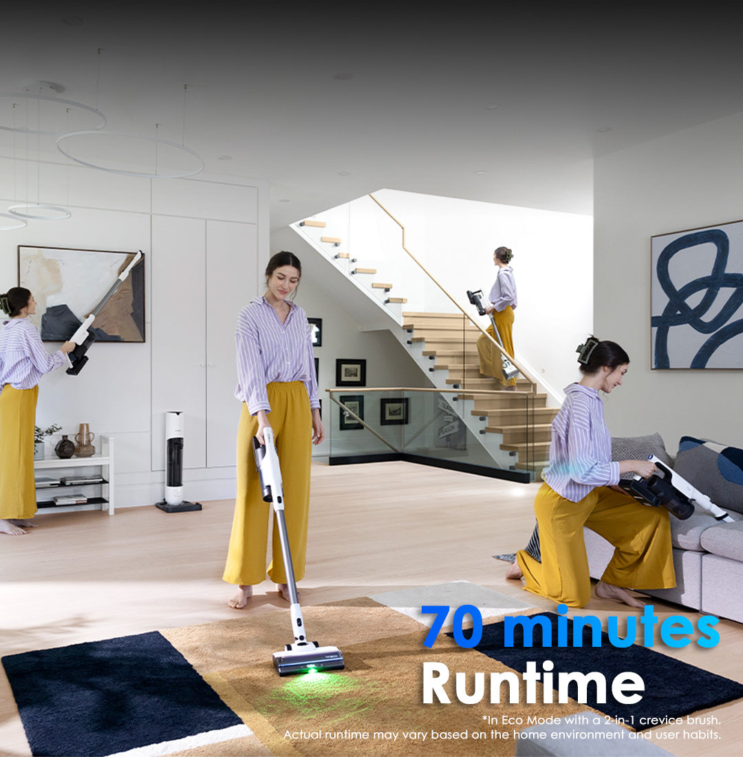 This cordless vacuum has Up to 70* minutes Runtime, more than 40 minutes
Allows for whole-house cleaning on a single charge.