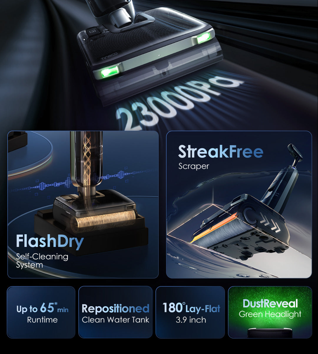 23,000Pa* Powerful Suction
FlashDry Self-Cleaning System
DustReveal Green Headlight
Up to 65** min Runtime
Repositioned Clean Water Tank
180° Lay-Flat Design 3.9 inch
StreakFree Scraper

*Based on Tineco lab data.
**In QUIET mode, based on Tineco lab data.