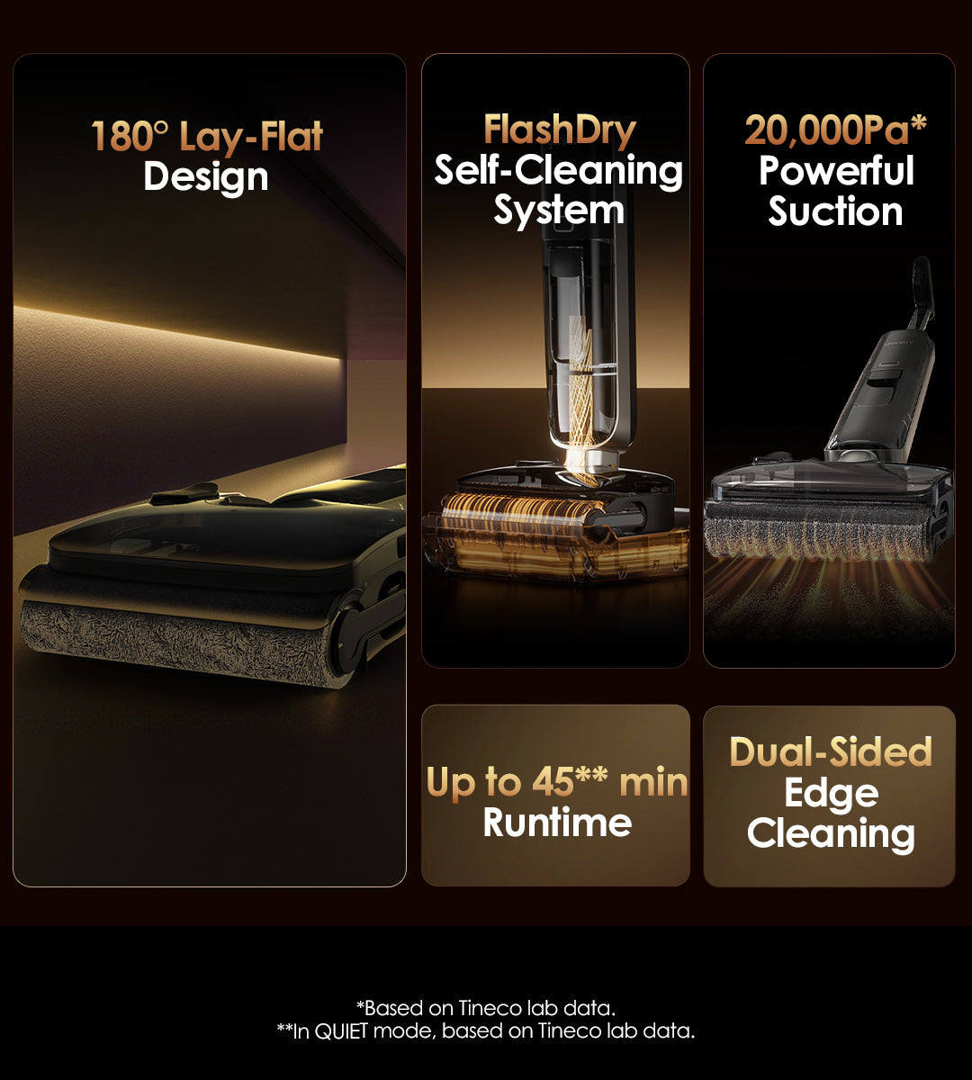 180° Lay-Flat Design (10.2cm\4 inch)
FlashDry Self-Cleaning System
20,000Pa* Powerful Suction
Up to 45min** Runtime
Dual-Sided Edge Cleaning
*Based on Tineco lab data.
**In QUIET mode, based on Tineco lab data.