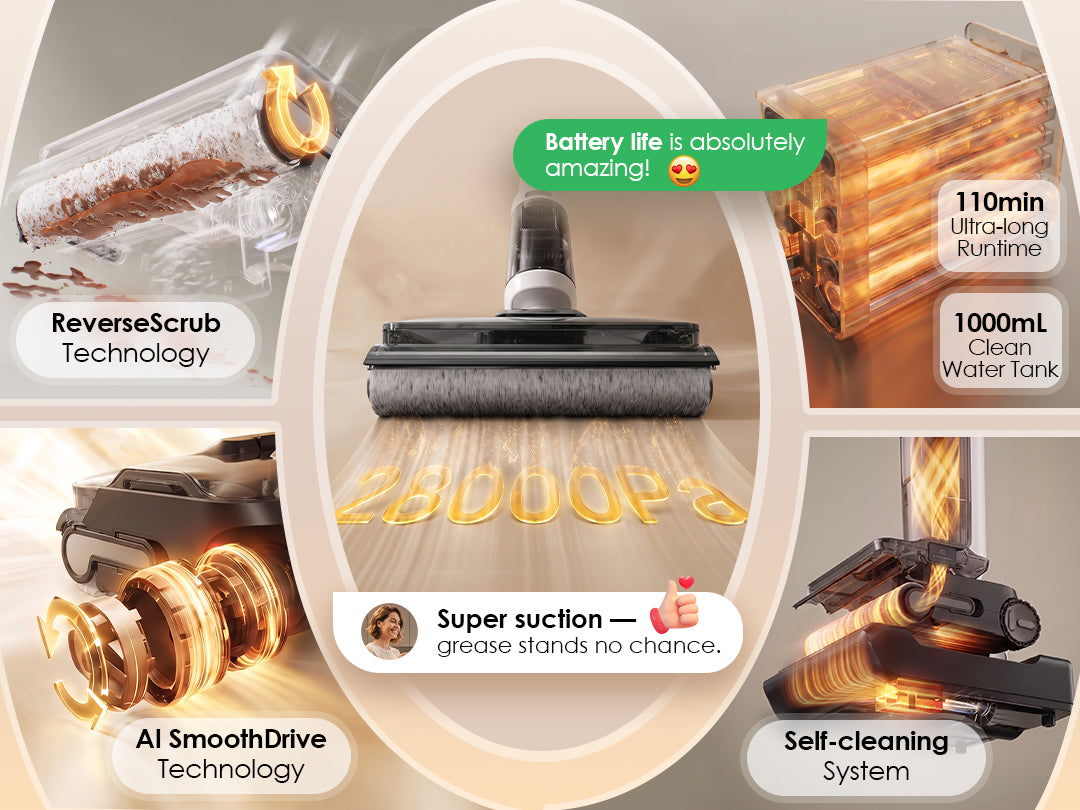 28,000Pa Powerful Suction
Effortlessly lifts dirt and debris from your floors
Hair、Grit、Sauce、Crumbs
28% More Suction Power*
*Based on comparison with most Tineco models (22,000 Pa suction)