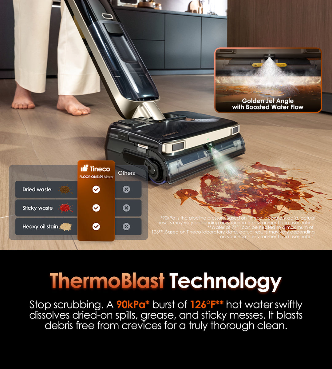 ThermoBlast Technology
Stop scrubbing. A 90kPa* burst of 126℉ hot water swiftly dissolves dried-on spills, grease, and sticky messes. It blasts debris free from crevices for a truly thorough clean.