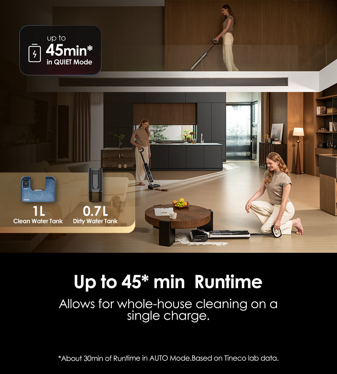 Up to 45* min 
Runtime
Allows for whole-house cleaning on a single charge.
1L Clean Water Tank
0.7L Dirty Water Tank