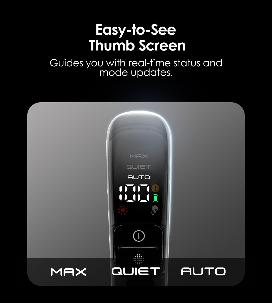 Easy-to-See 
Thumb Screen
Guides you with real-time status and mode updates.
MAX
QUIET
AUTO